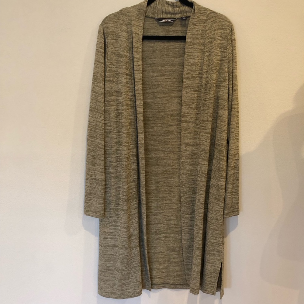 Lands' End Long Open-Front Cardigan in Light Taupe Heather, L